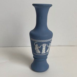 Vintage Wedgwood Jasper Blue White Greek Print Mini Bud Vase Vase 5 5/8” Tall